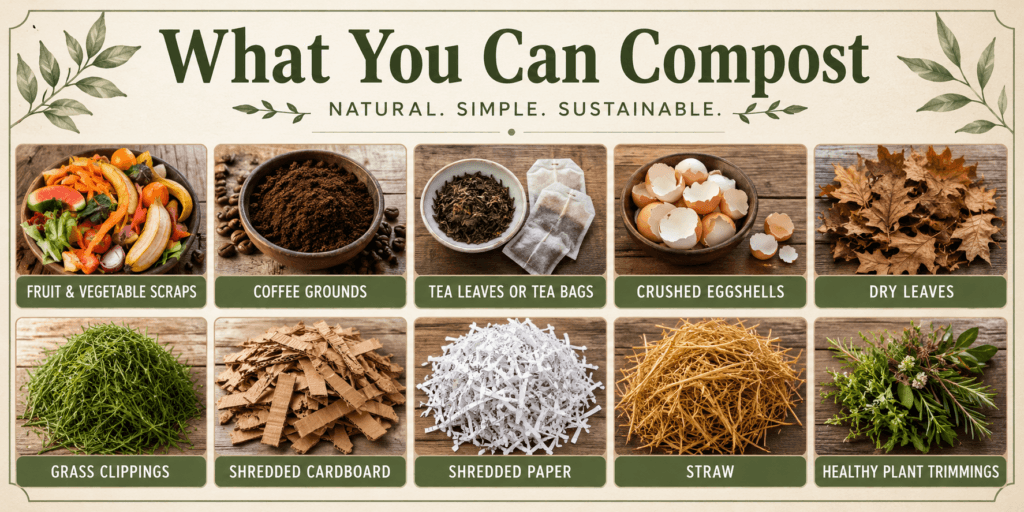 Composting for beginners guide showing what you can compost, including fruit and vegetable scraps, coffee grounds, tea leaves, eggshells, dry leaves, grass clippings, shredded cardboard, shredded paper, straw, and healthy plant trimmings.