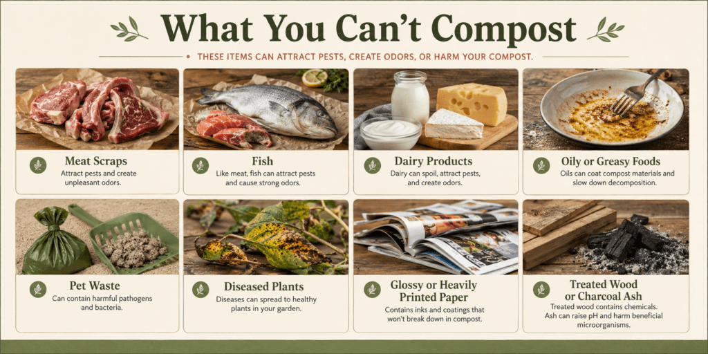 Composting for beginners guide showing what you cannot compost, including meat scraps, fish, dairy products, oily foods, pet waste, diseased plants, glossy paper, treated wood, and charcoal ash.
