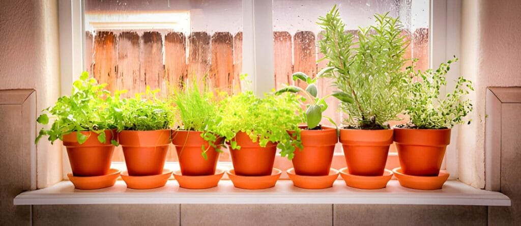 A windowsill herb garden is one of the easiest herb garden ideas for beginners.