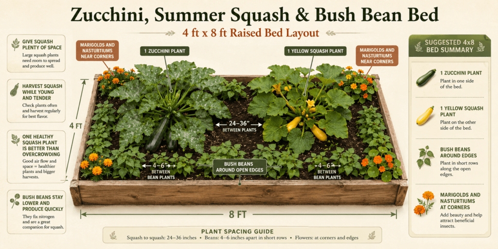 Zucchini, summer squash, and bush bean raised bed layout infographic showing a 4x8 raised bed with one zucchini plant, one yellow squash plant, bush beans around the edges, marigolds and nasturtiums at the corners, and plant spacing details.