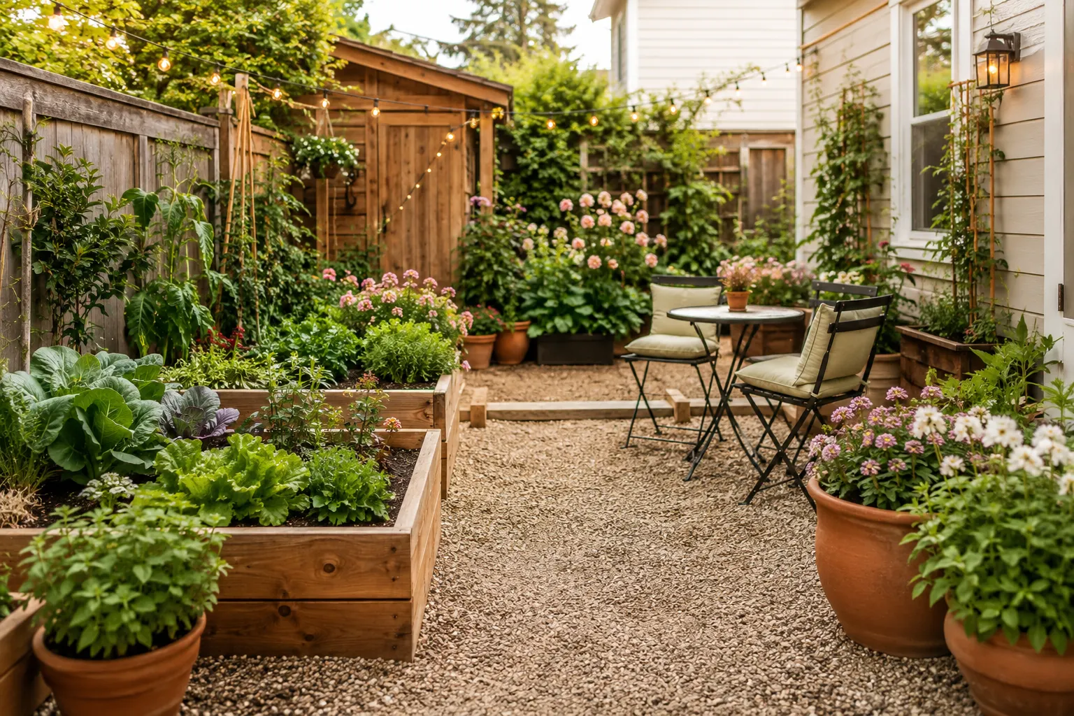 Small backyard garden oasis with raised beds, cozy seating, gravel path, potted plants, trellis, flowers, and warm string lights.