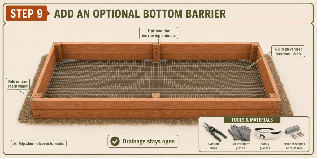 Galvanized hardware cloth fitted beneath an open-bottom raised bed