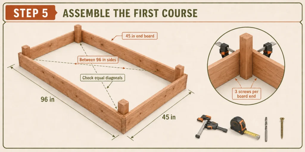 First raised-bed board course attached to internal corner posts