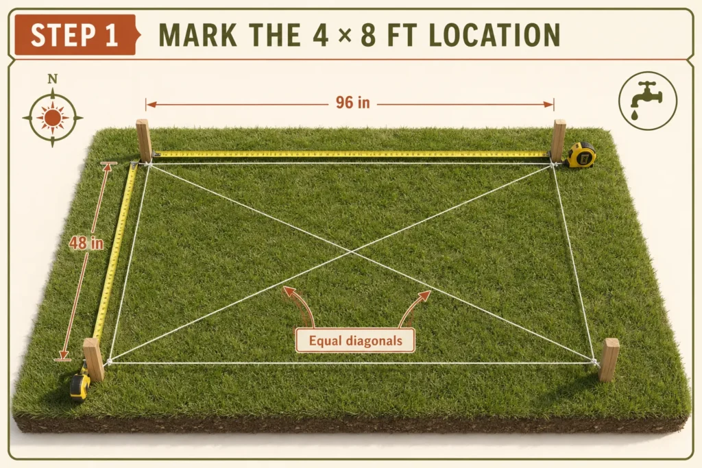 Stakes and string marking a 48 × 96-inch raised-bed location