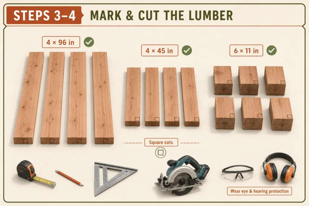 Cut lumber arranged for a 4×8-foot raised garden bed