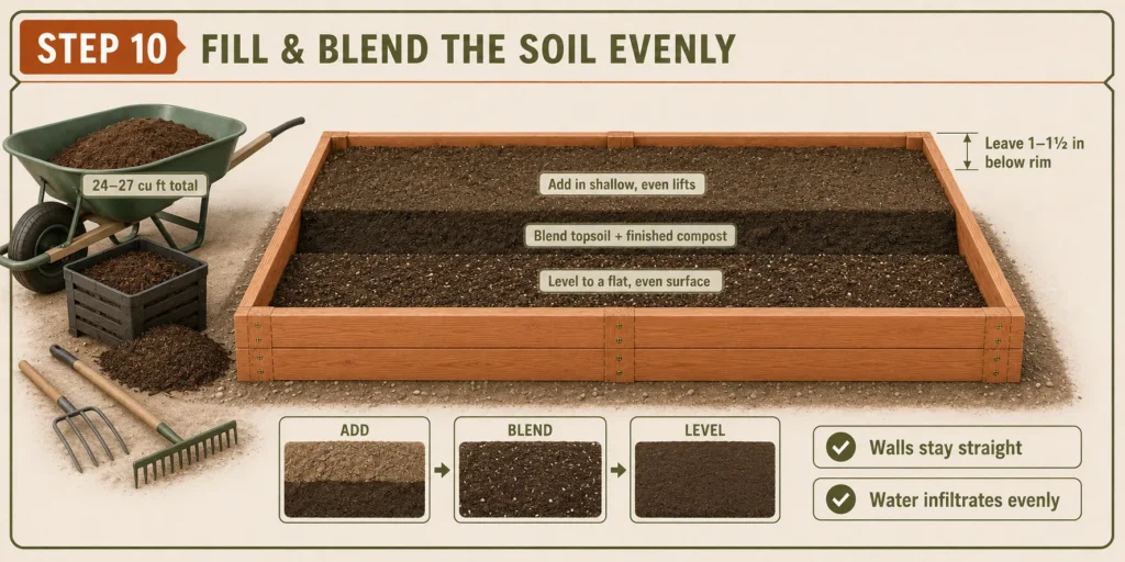 Topsoil and compost spread evenly inside a wooden raised bed