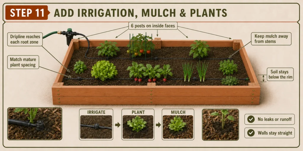 Finished raised bed with drip irrigation, mulch, and beginner vegetables