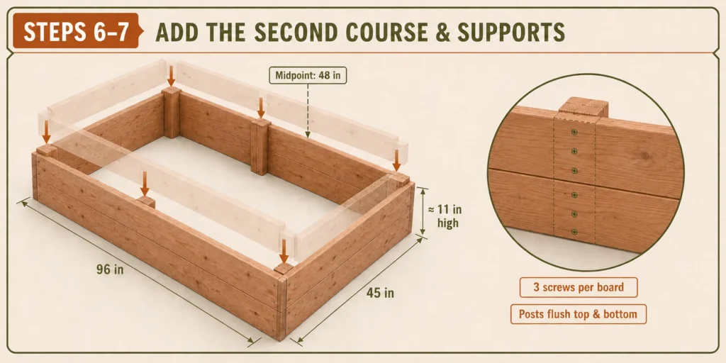 Internal midpoint post reinforcing stacked raised-bed side boards