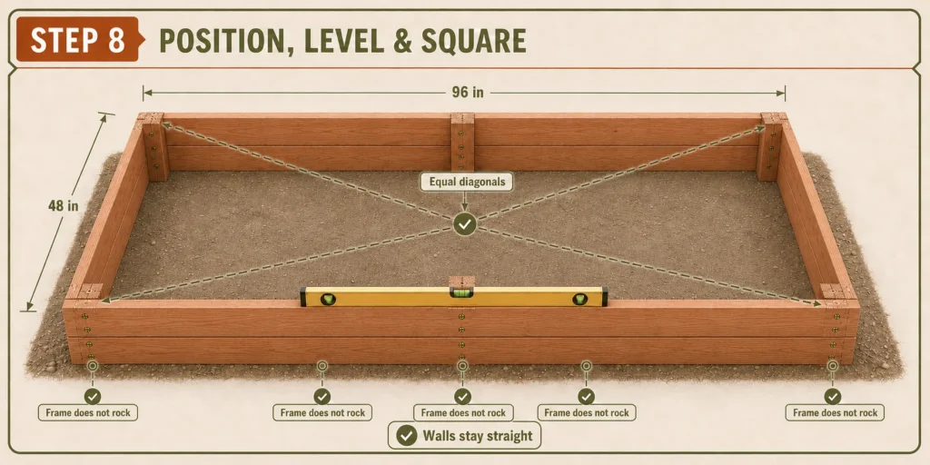 Empty raised-bed frame being checked for level and square
