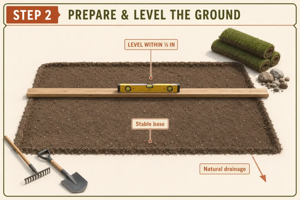 Straight board and spirit level checking a prepared raised-bed footprint