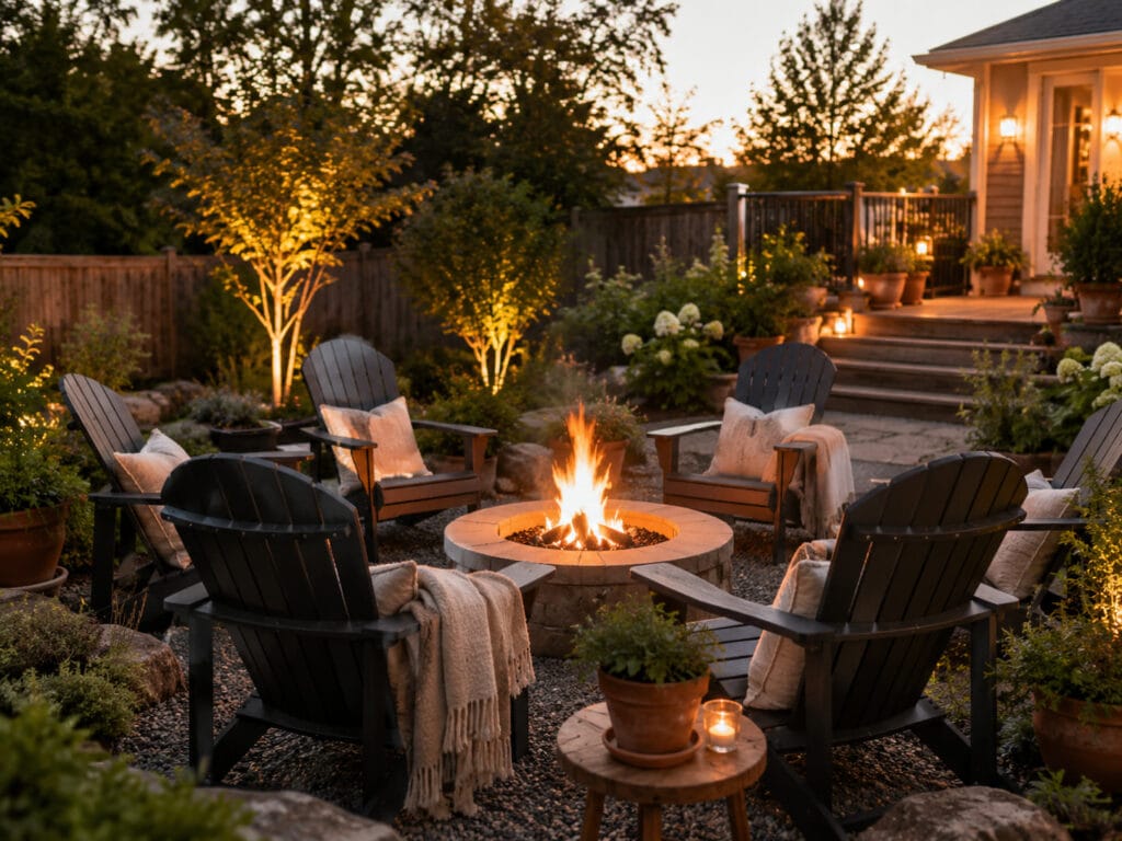 Backyard fire pit seating area with Adirondack chairs, cozy blankets, potted plants, soft evening light, and natural landscaping.