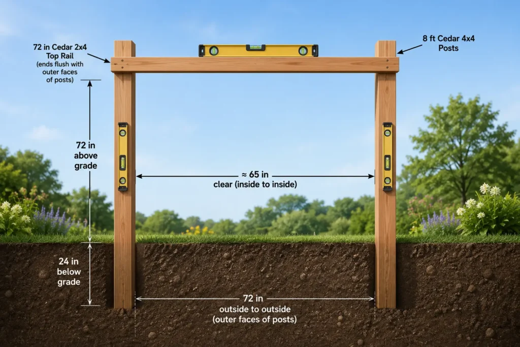 Two cedar trellis posts aligned 72 inches apart with a temporary top rail