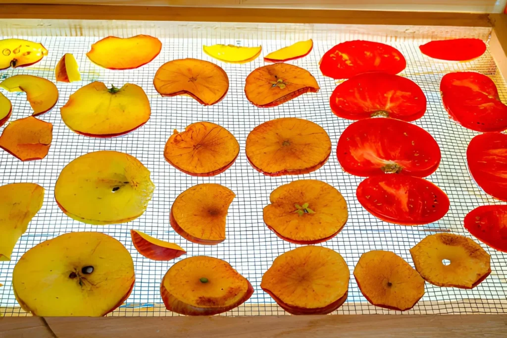 Apple and tomato slices arranged in single layers on a mesh dehydrator tray for beginner home food dehydration.