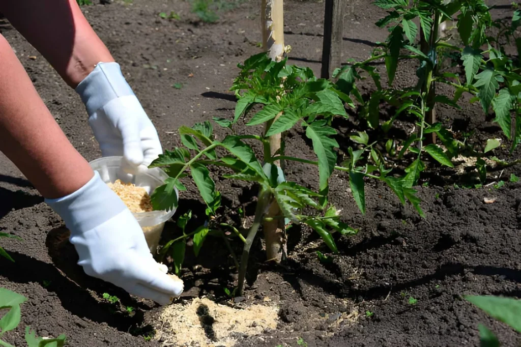 Gardener applying a dry organic fertilizer around tomato plants, demonstrating how organic fertilizer types are added to garden soil.