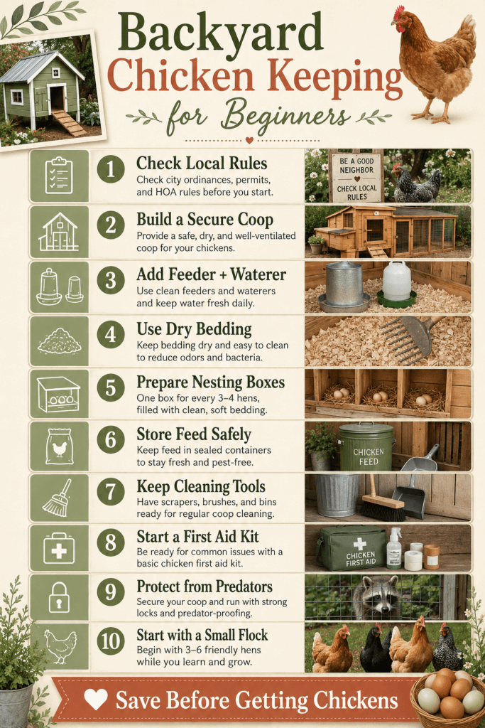 Pinterest infographic listing backyard chicken keeping supplies and first steps for beginners.