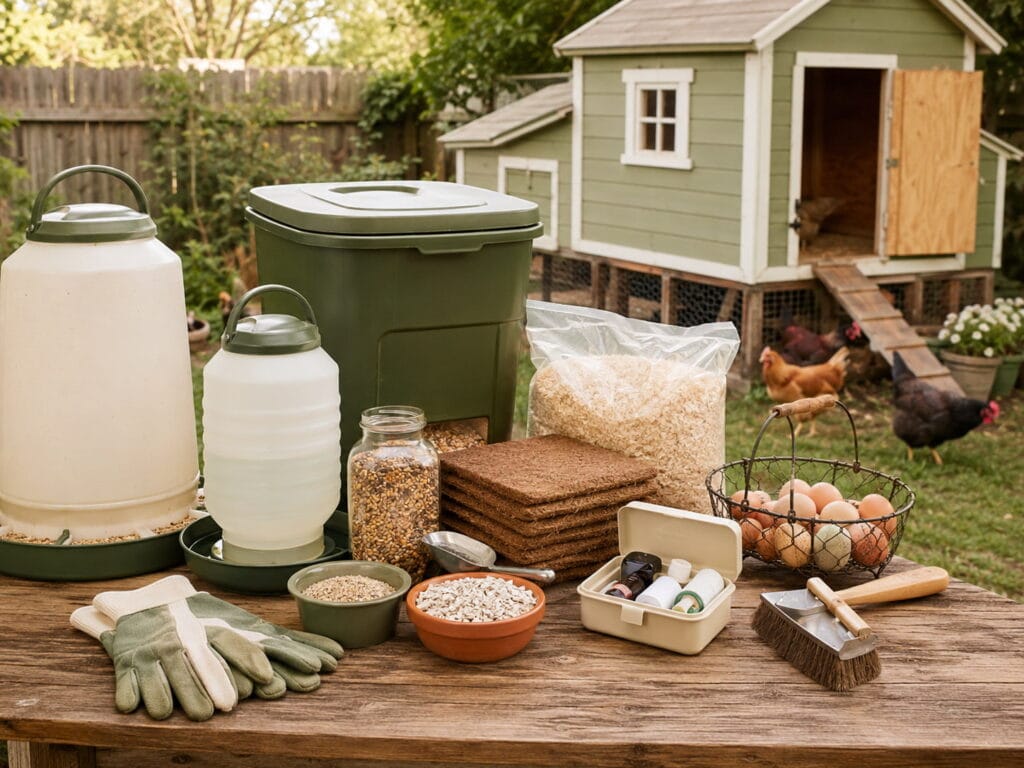 Backyard chicken supply checklist setup with feeder, waterer, feed bin, bedding, egg basket, cleaning tools, and first aid kit.