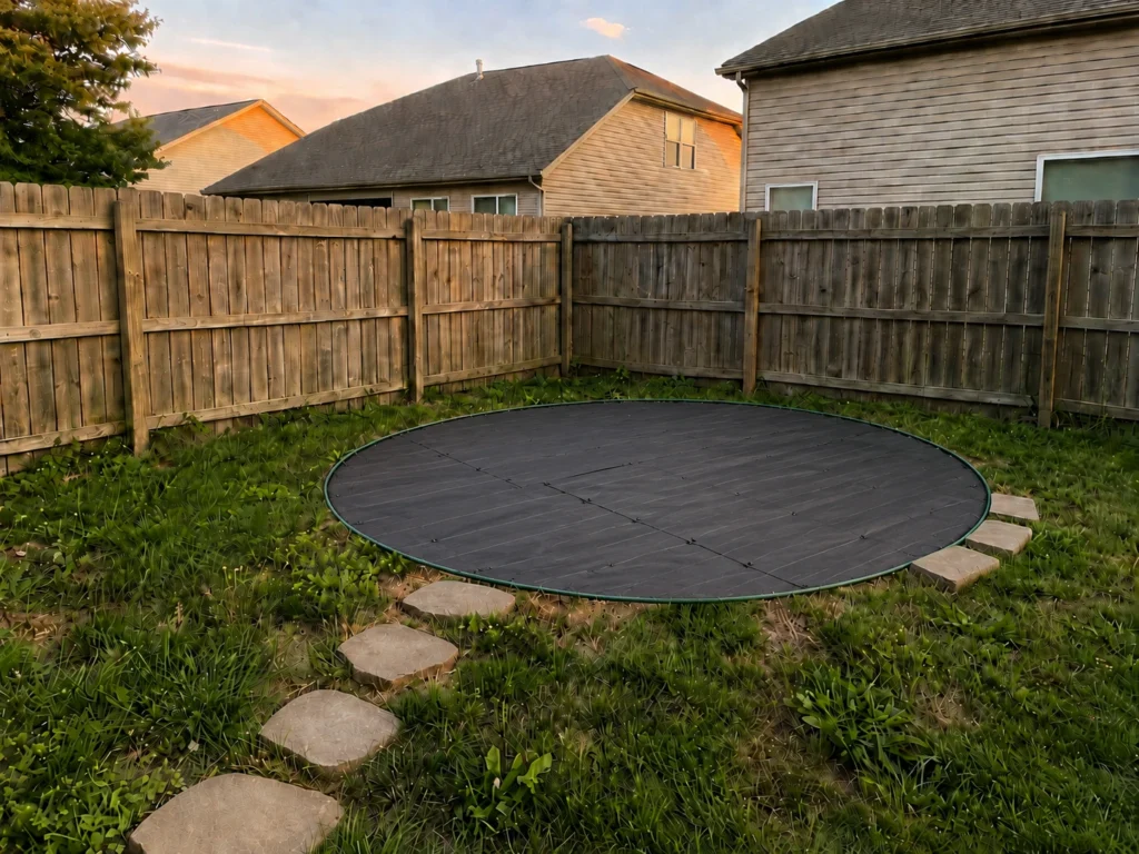 Backyard fire pit area covered with black landscape fabric inside a circular garden hose outline, with paver stones and grass around the prepared space before adding gravel.