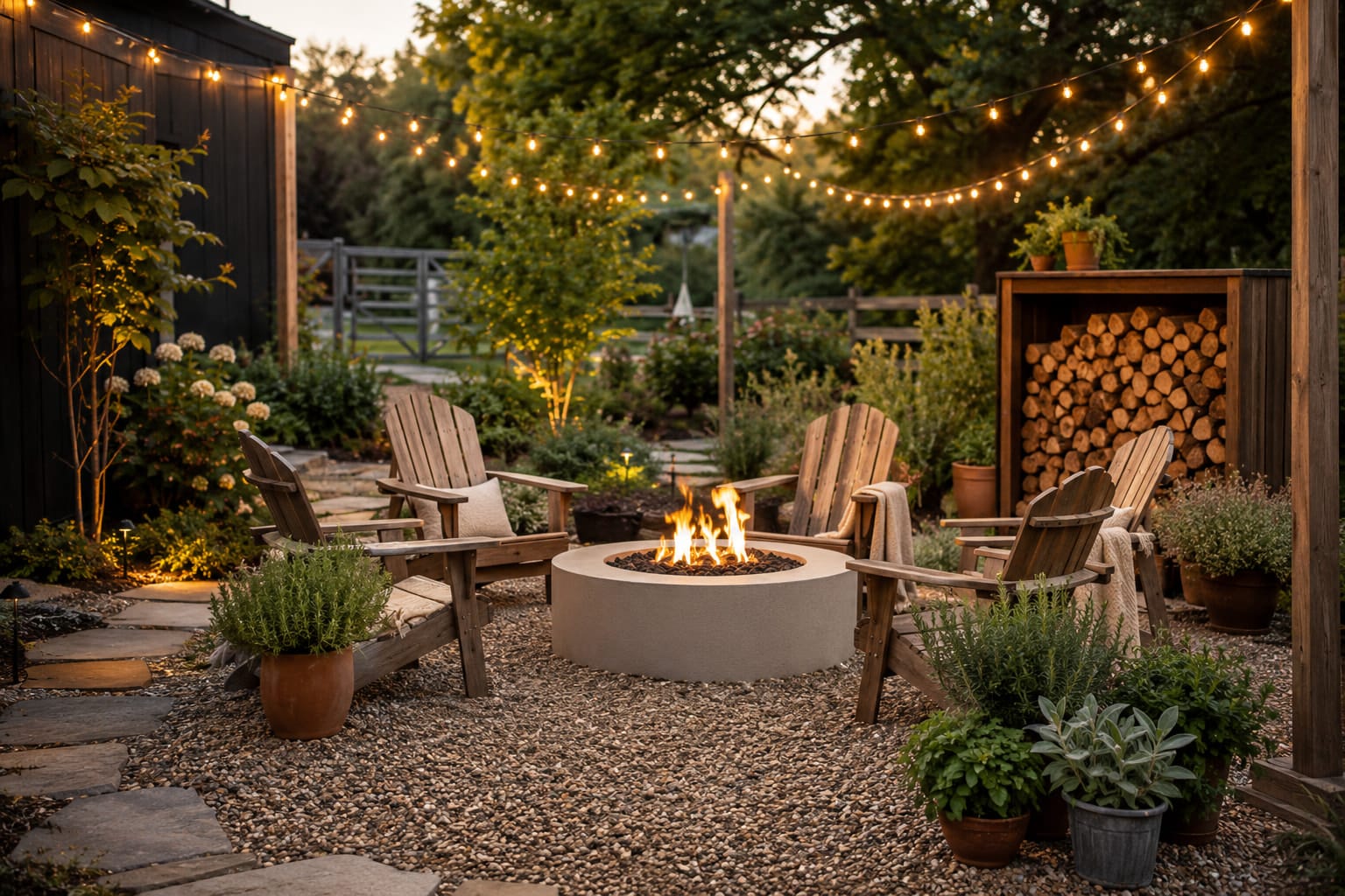 Cozy backyard fire pit area with gravel, Adirondack chairs, string lights, natural landscaping, and warm evening light.