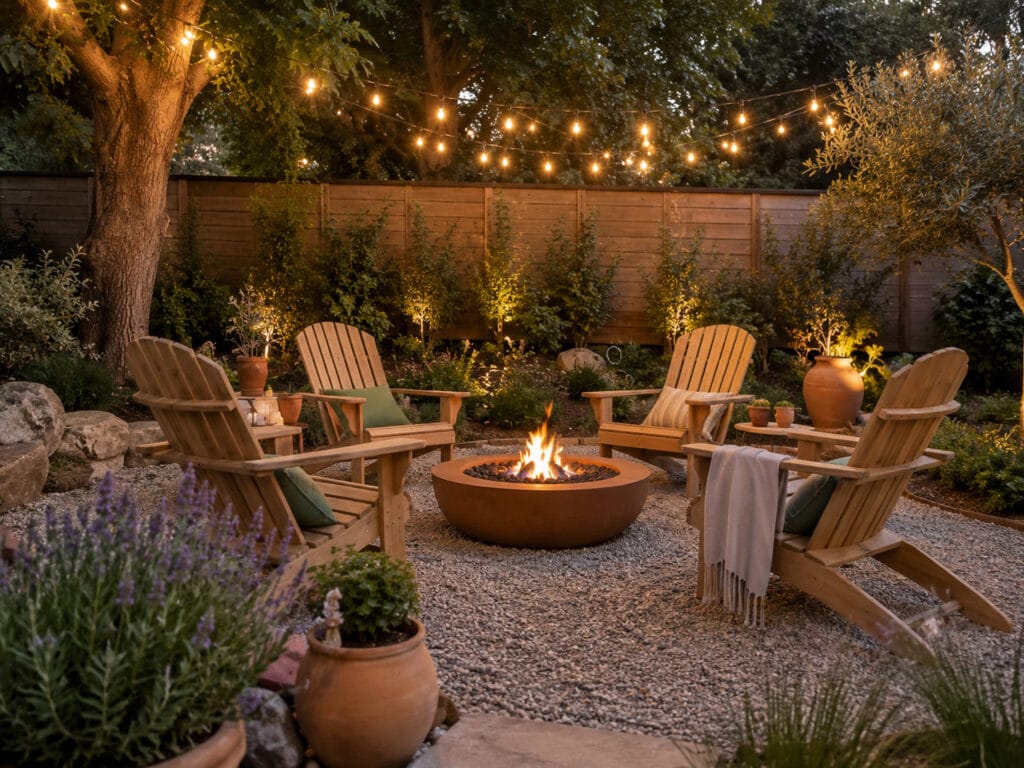 Backyard fire pit seating area with Adirondack chairs, side tables, gravel, and string lights.