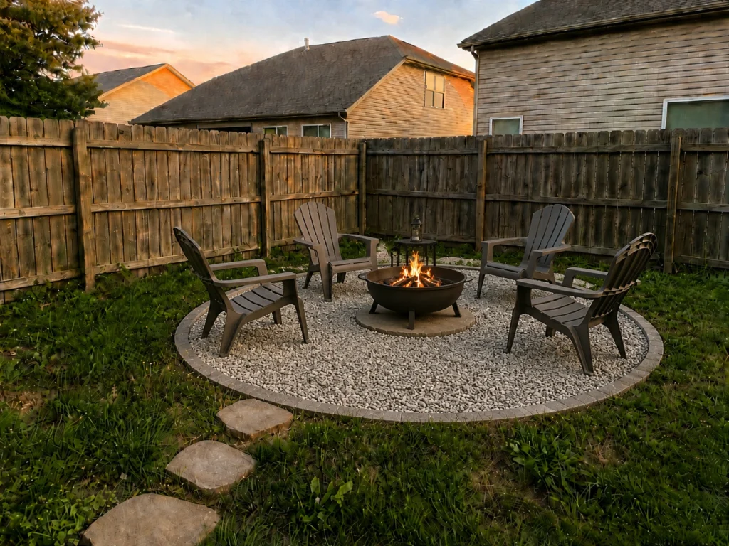 Finished gravel fire pit area with a round fire pit bowl, outdoor chairs, paver edging, stepping stones, side table, and wooden fence in warm evening light.