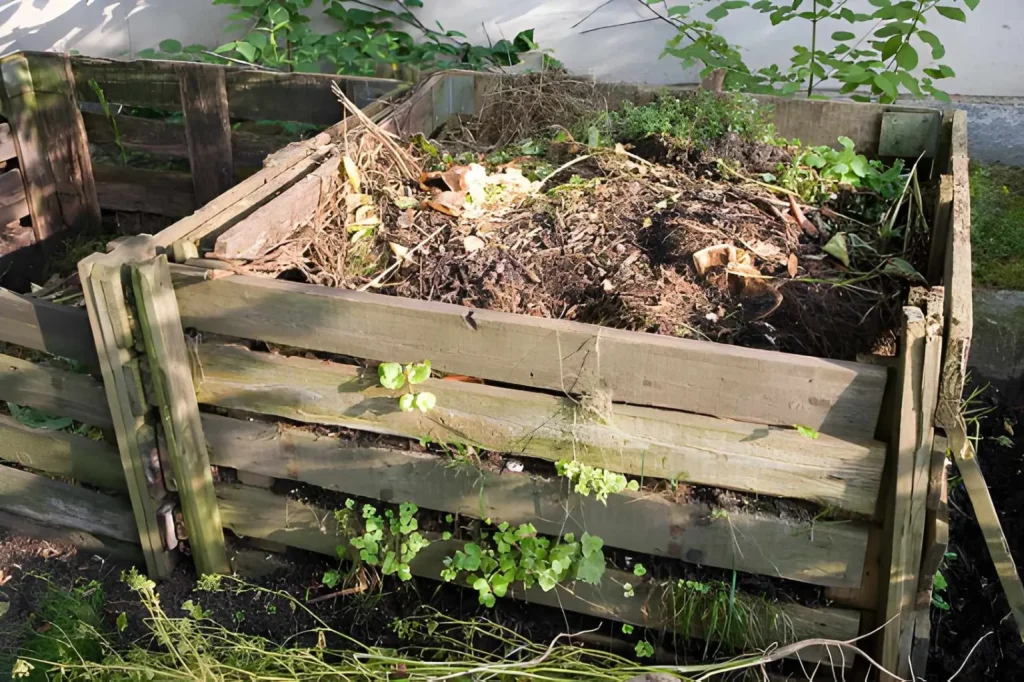 Wooden compost bin filled with garden waste for backyard homesteading for beginners.