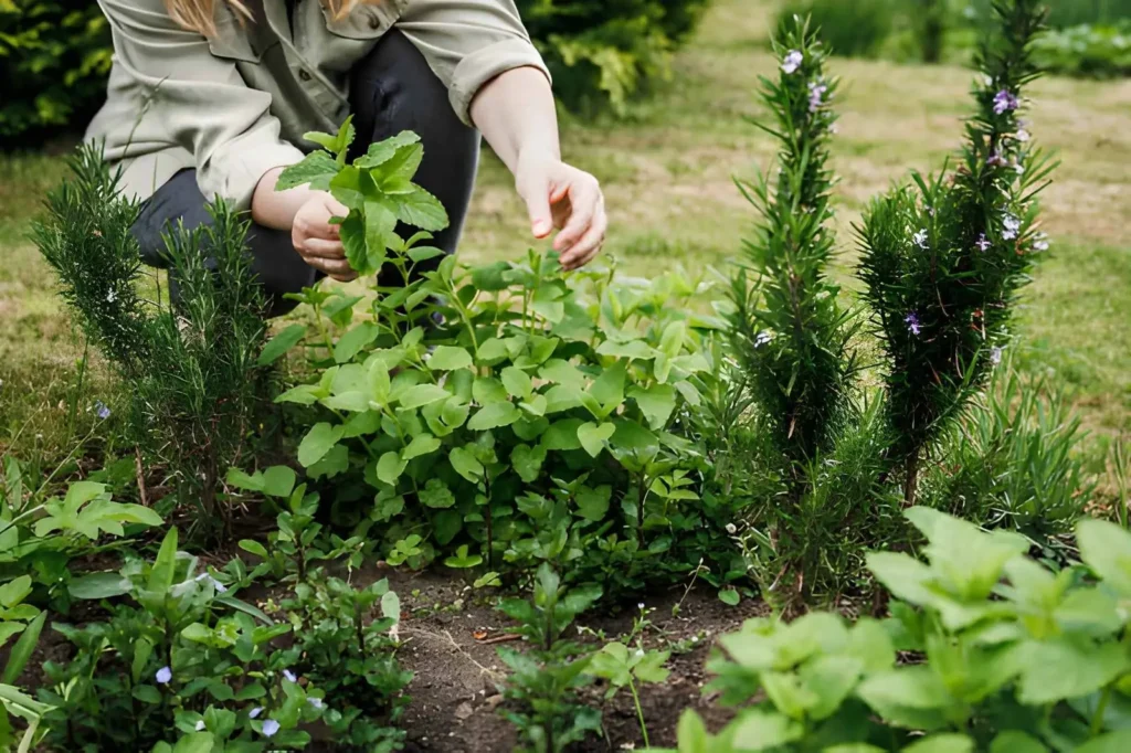 Backyard homesteading for beginners with a gardener tending a productive herb bed filled with mint, rosemary, and other culinary herbs.