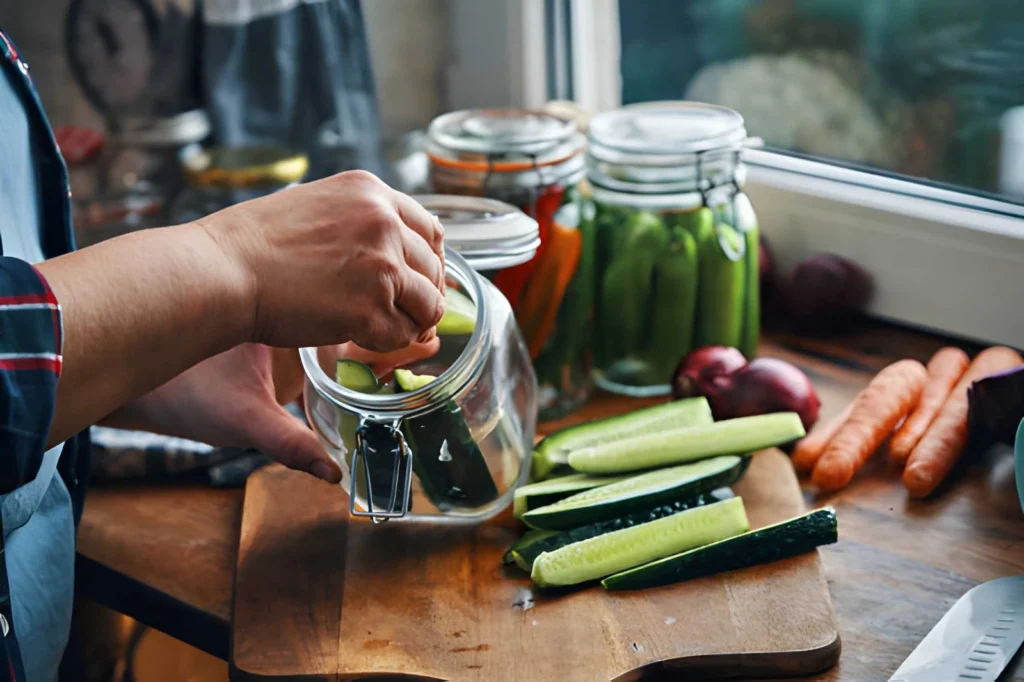 Preparing homegrown cucumbers and carrots for preserving as part of backyard homesteading for beginners.