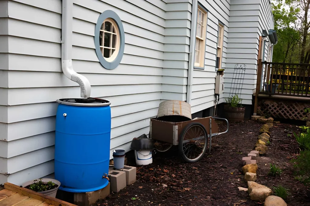 Rain barrel collecting roof runoff beside a house for a beginner backyard homestead.