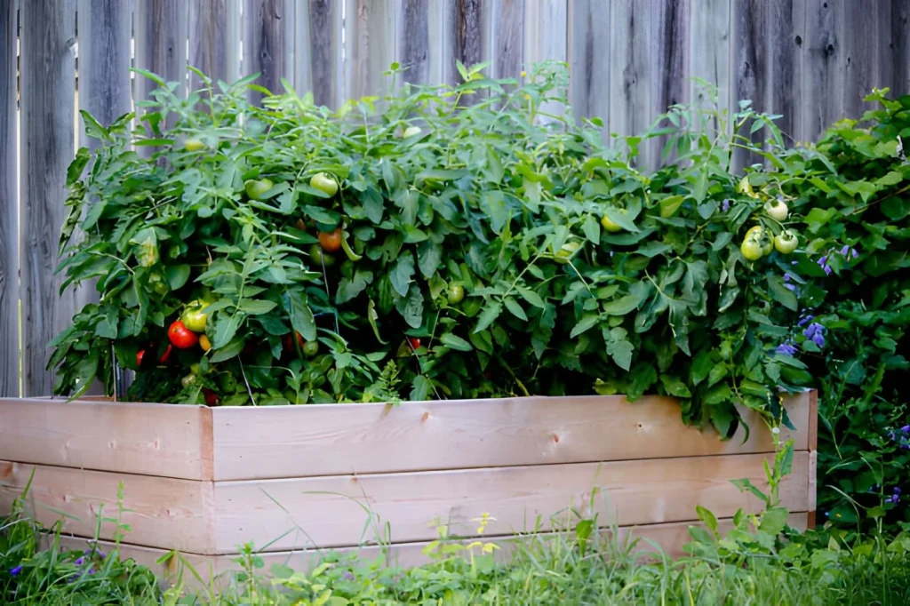Backyard homesteading for beginners with healthy tomato plants growing in a compact wooden raised garden bed.
