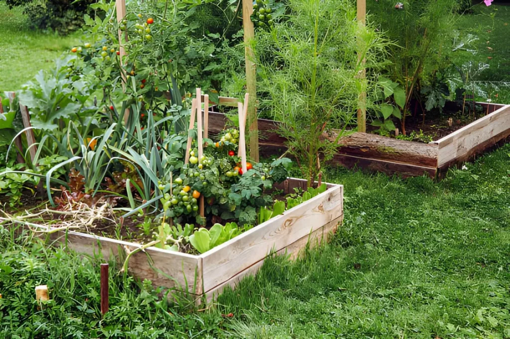 Backyard homesteading for beginners with wooden garden beds growing tomatoes, leeks, lettuce, herbs, and other vegetables.