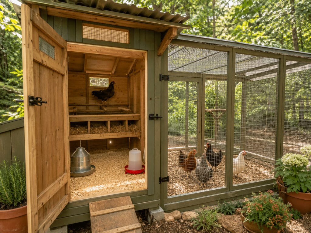 Secure backyard chicken coop with roosting bars, nesting boxes, feeder, waterer, ventilation, and predator-safe run.