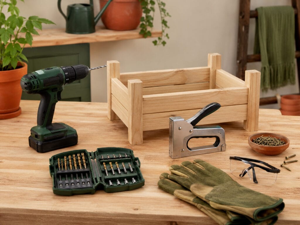Basic power tools for homestead projects including cordless drill, drill bits, staple gun, safety glasses, and work gloves.