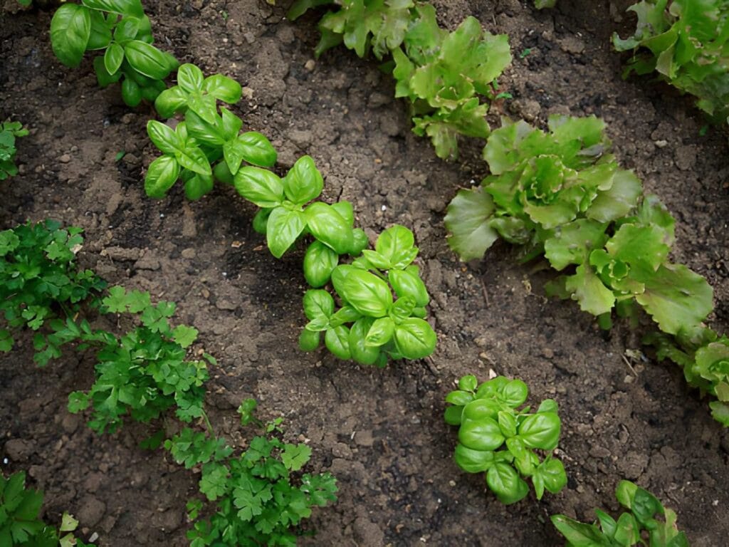 Basil plants growing in a garden bed beside parsley and leafy lettuce in dark, cultivated soil.