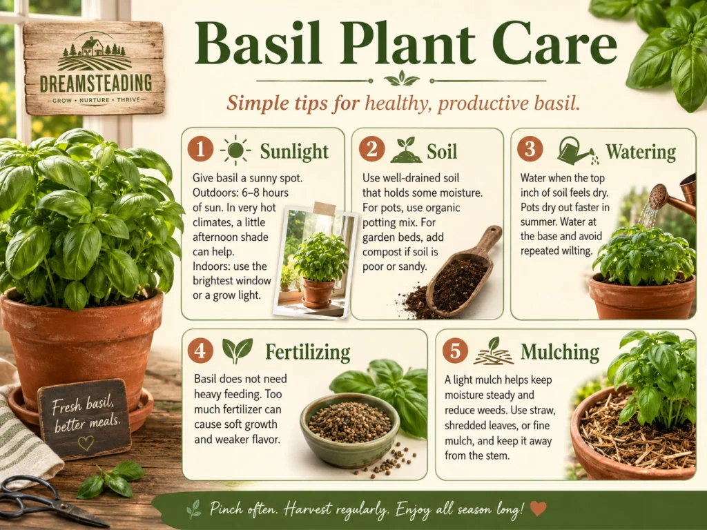 Basil plant care infographic showing sunlight, soil, watering, fertilizing, and mulching tips beside a healthy basil plant in a terracotta pot.
