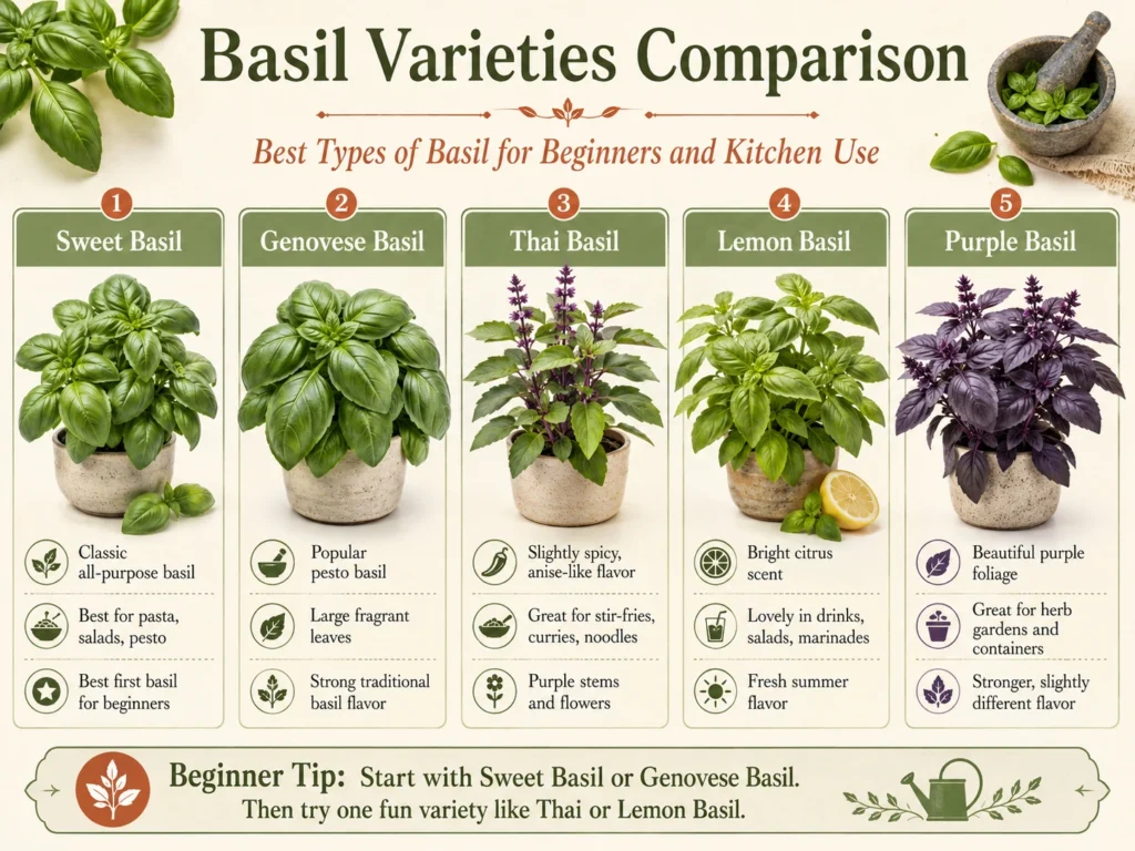 Comparison of sweet basil, Genovese basil, Thai basil, lemon basil, and purple basil with flavor, kitchen uses, and beginner growing tips.