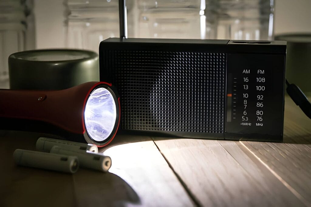 How to Prepare for a Power Outage with a battery radio, flashlight, and spare batteries on a wooden table for emergency communication and backup lighting.