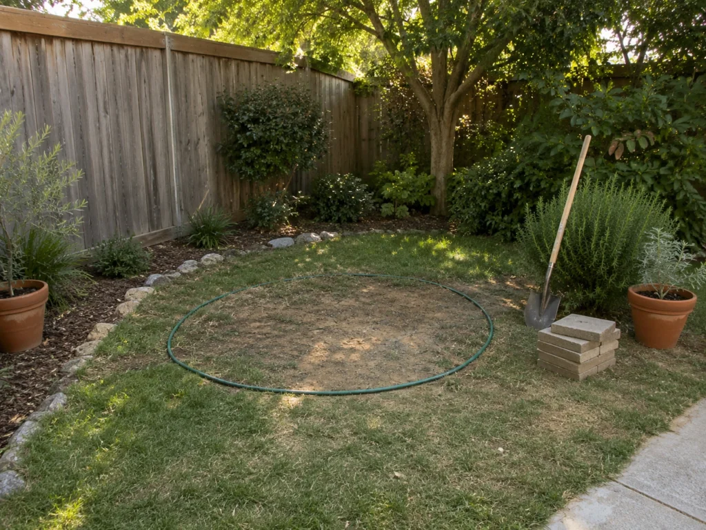 Plain unused backyard corner before building a gravel fire pit area.