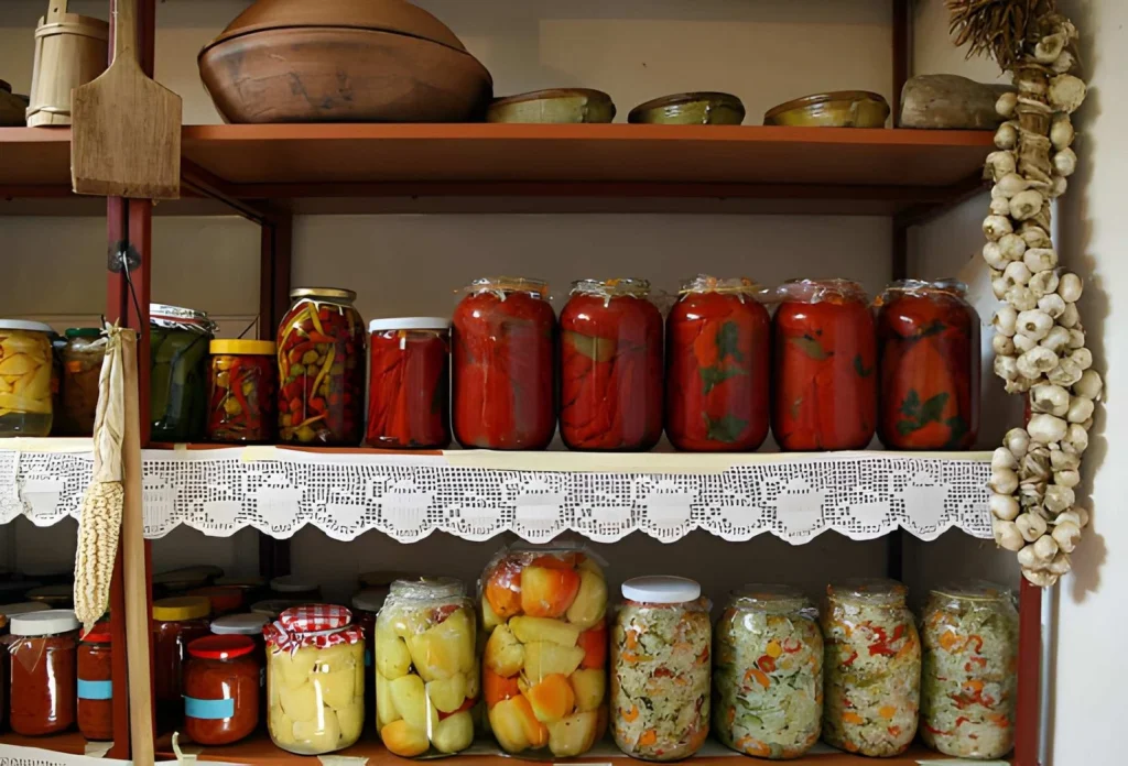 Food preservation pantry with homemade canned vegetables, pickled peppers, preserved sauces, and jars of stored harvest for beginner homesteading.