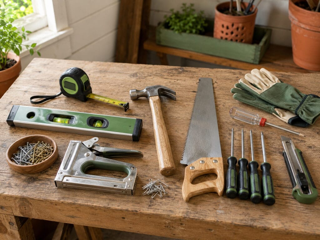 Beginner hand tools for homesteaders including measuring tape, level, hammer, handsaw, screwdriver set, and work gloves.