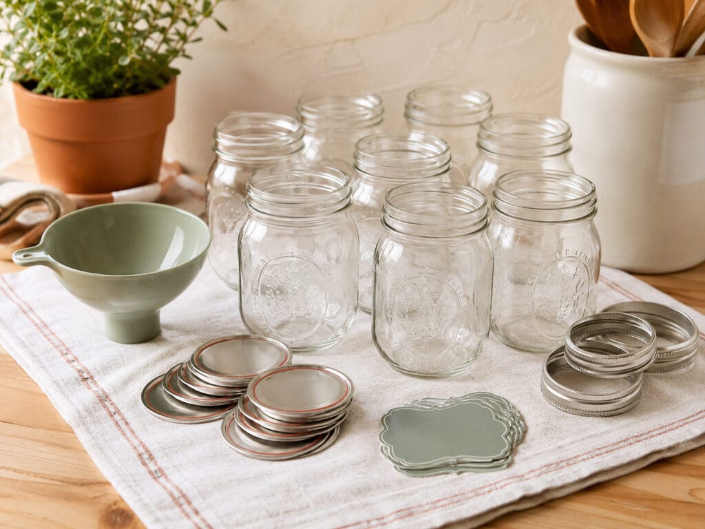 Mason jars, new canning lids, and rings arranged for safe home canning.