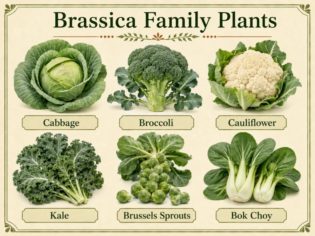 Realistic botanical infographic showing six brassica family plants labeled Cabbage, Broccoli, Cauliflower, Kale, Brussels Sprouts, and Bok Choy.
