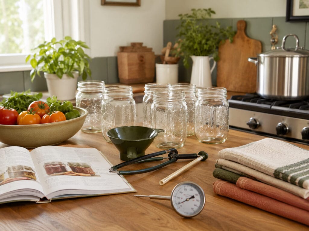 Safe home canning setup with clean jars, tested canning book, food thermometer, and canning tools.