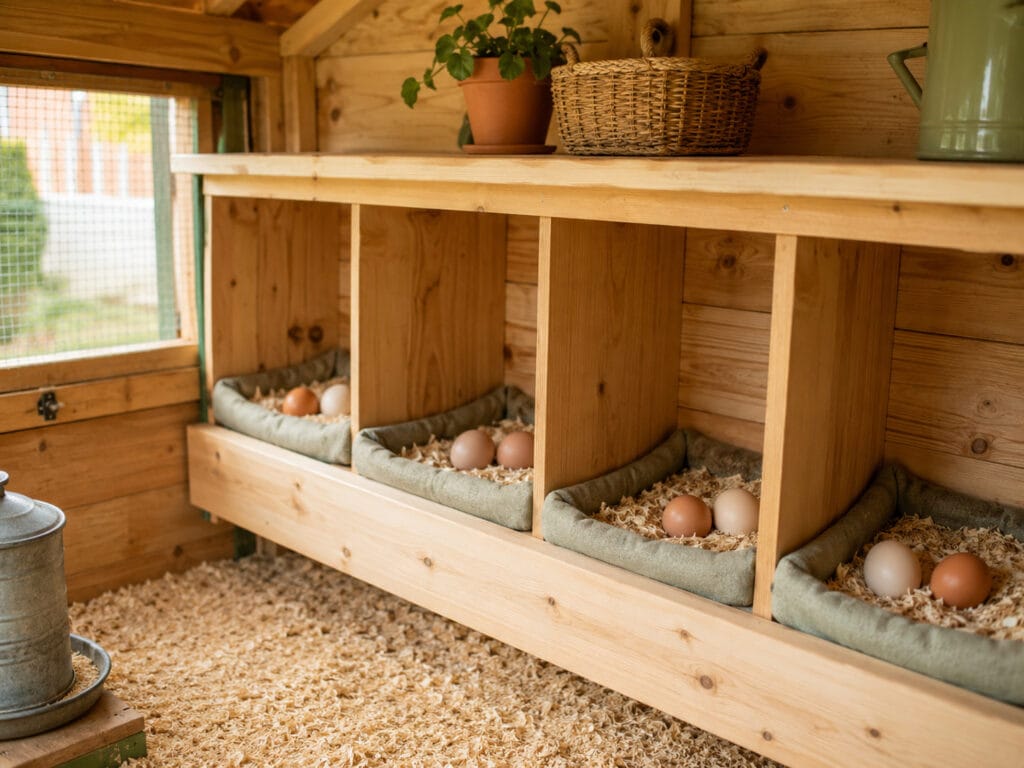 Clean chicken nesting boxes with nesting pads, dry bedding, and fresh eggs in a backyard coop.