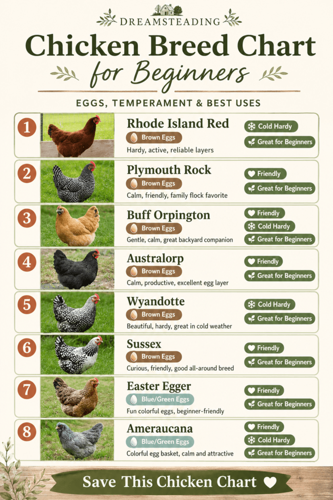 Beginner chicken breed chart showing friendly backyard chickens, egg color, temperament, and best use.