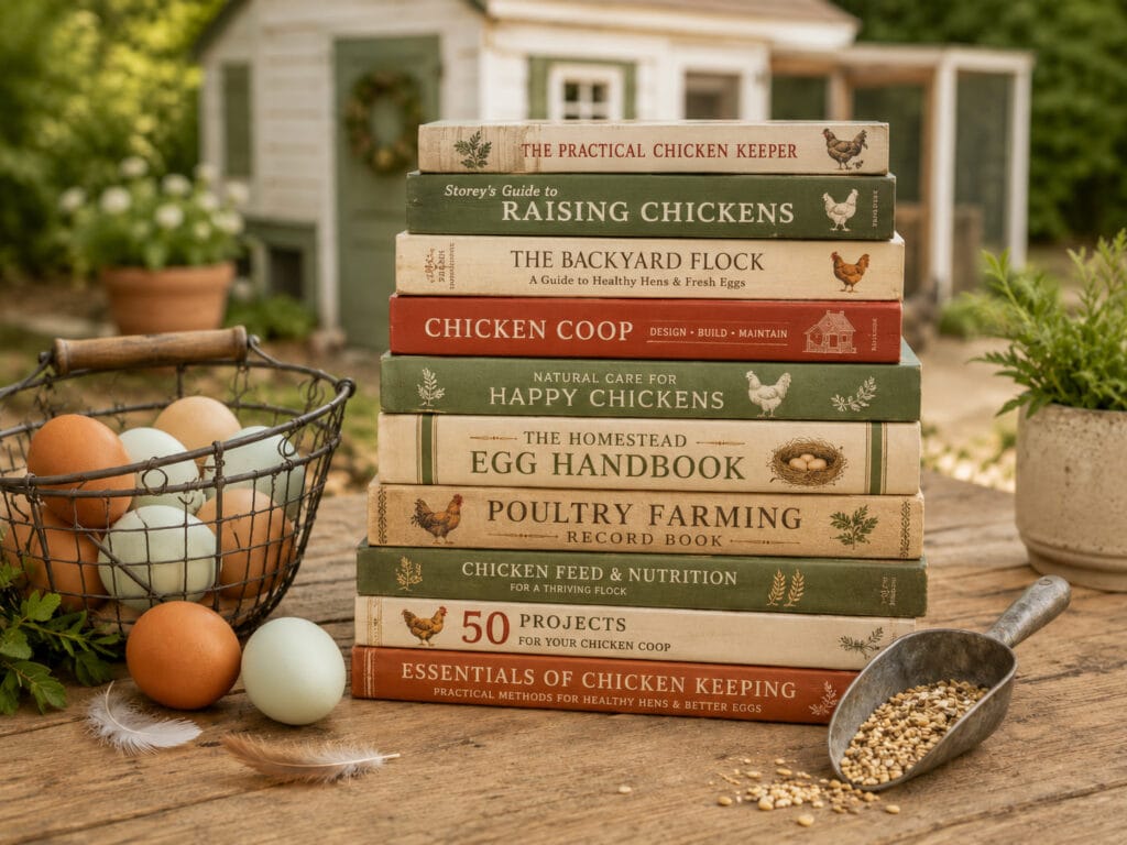Chicken keeping books for beginners with an egg basket, feathers, feed scoop, and backyard coop background.
