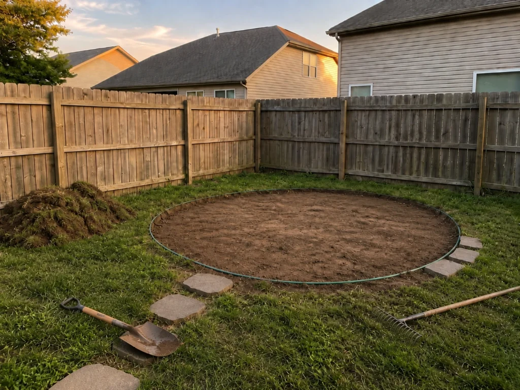 Cleared backyard corner with grass removed inside a marked circular fire pit layout, garden hose outline, paver stones, and tools lying on the ground before adding gravel.