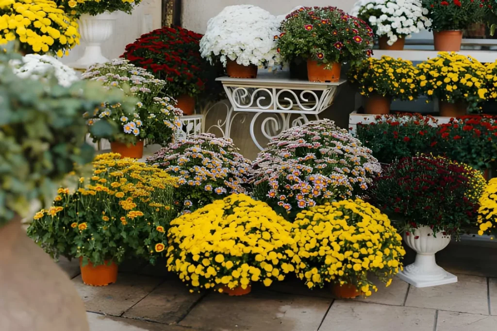Colorful potted chrysanthemums arranged on stands and paving to create a vibrant flower display in a small backyard garden.