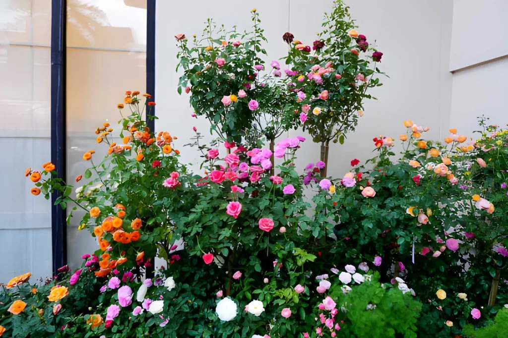 Colorful pink, orange, red, and white roses layered against a modern wall to create a vibrant flower garden in a small backyard.
