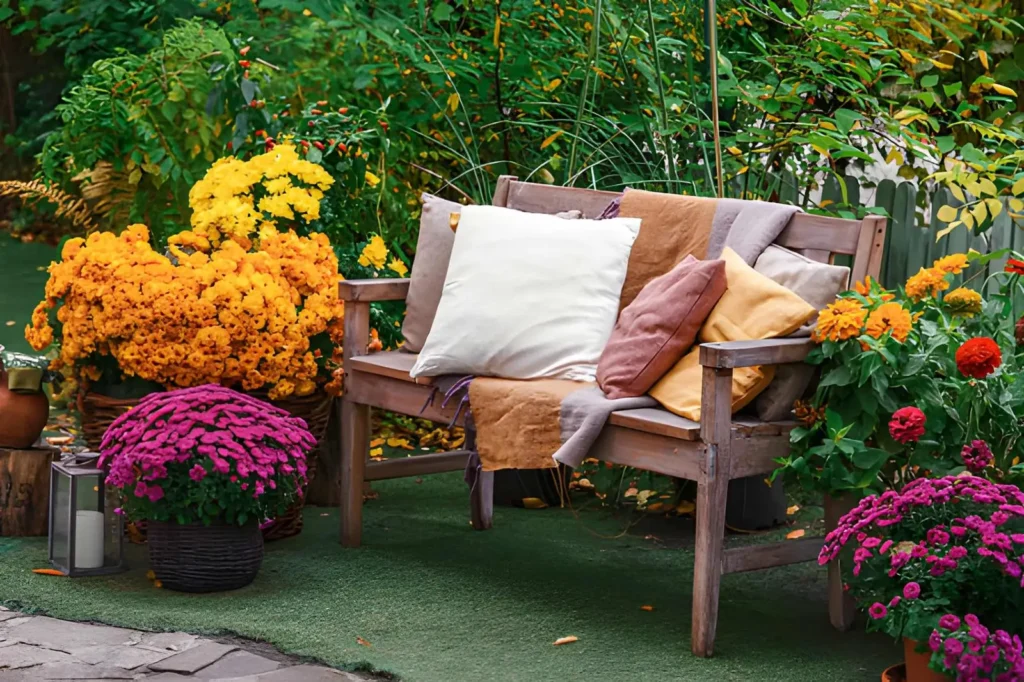 Cozy wooden bench with layered cushions surrounded by bright potted chrysanthemums and lush greenery in a colorful small backyard garden oasis.