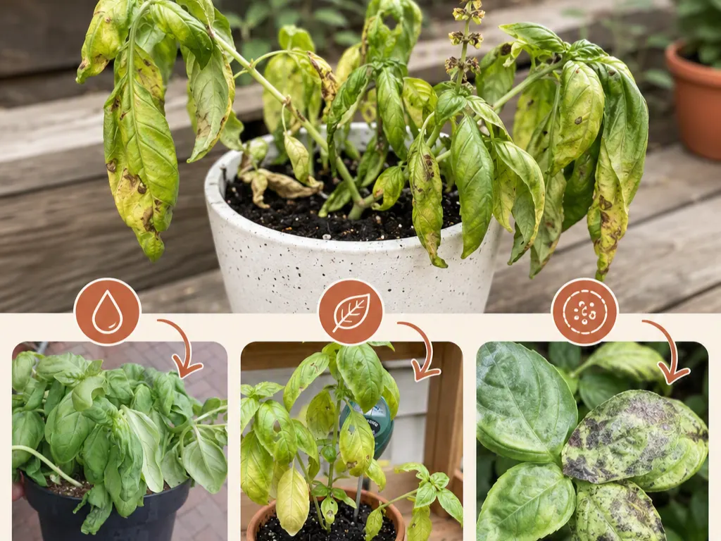 a dying basil plant with wilted and yellowing leaves, plus examples of watering stress, leaf damage, and disease symptoms.